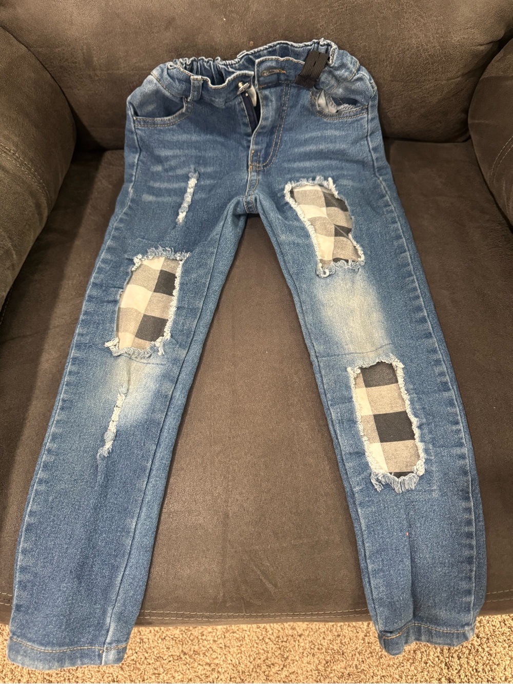 Girls size 5 Blue Distressed Jeans with Plaid Patch Detail